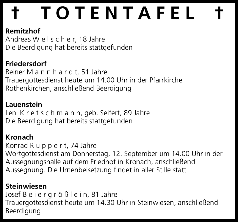  Traueranzeige für Totentafel vom 10.09.2013 vom 10.09.2013 aus MGO