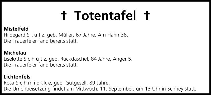  Traueranzeige für Totentafel vom 10.09.2013 vom 10.09.2013 aus MGO