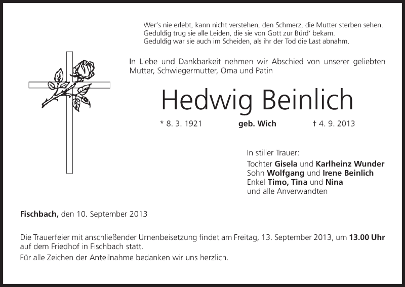  Traueranzeige für Hedwig Beinlich vom 10.09.2013 aus MGO