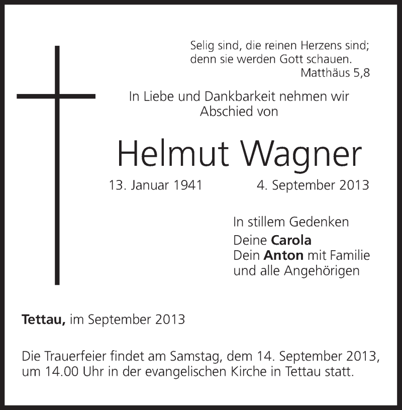  Traueranzeige für Helmut Wagner vom 10.09.2013 aus MGO