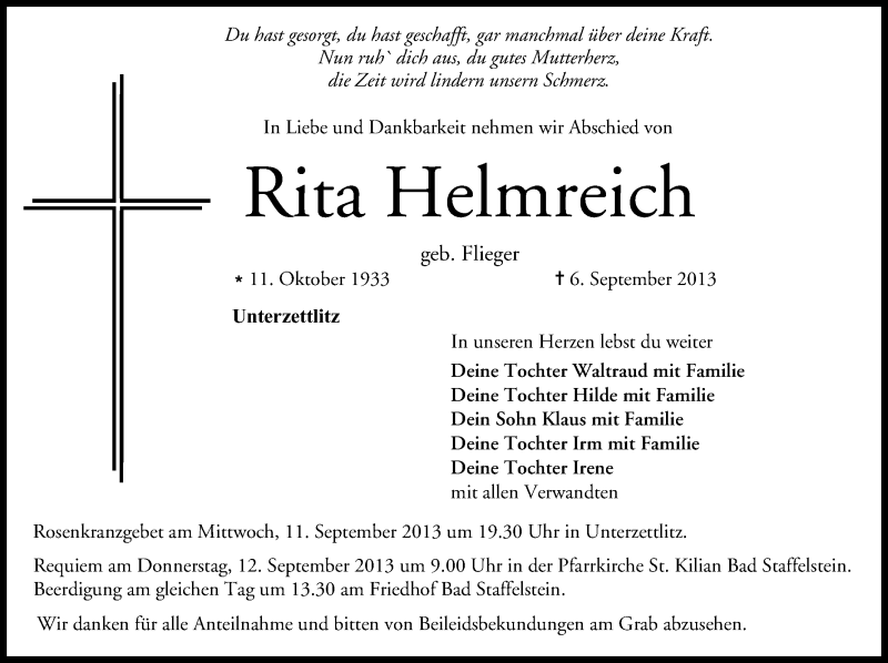  Traueranzeige für Rita Helmreich vom 10.09.2013 aus MGO