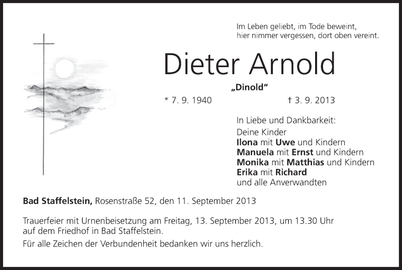  Traueranzeige für Dieter Arnold vom 11.09.2013 aus MGO