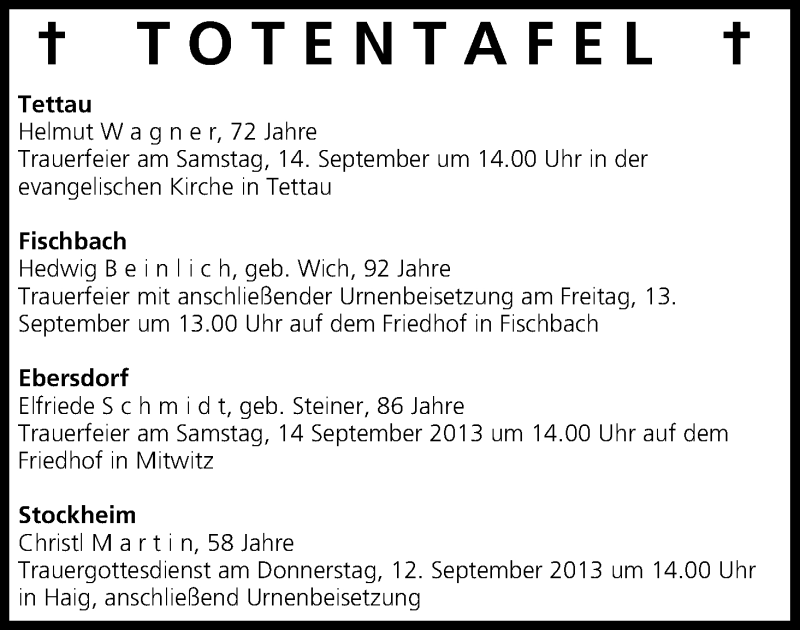  Traueranzeige für Totentafel vom 11.09.2013 vom 11.09.2013 aus MGO