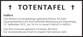 Anzeige von Totentafel vom 11.09.2013 von MGO