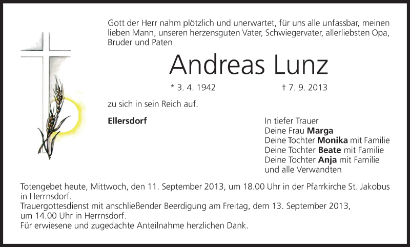  Traueranzeige für Andreas Lunz vom 11.09.2013 aus MGO
