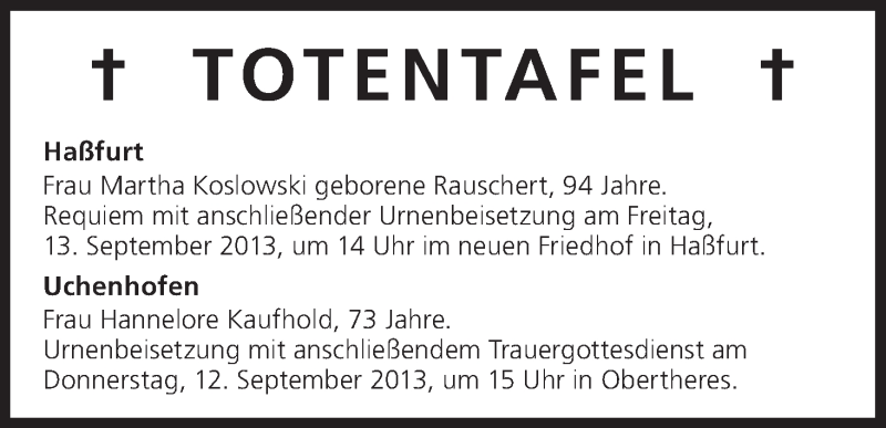  Traueranzeige für Totentafel vom 12.09.2013 vom 12.09.2013 aus MGO
