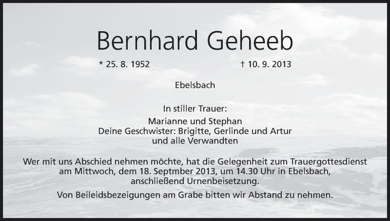  Traueranzeige für Bernhard Geheeb vom 14.09.2013 aus MGO