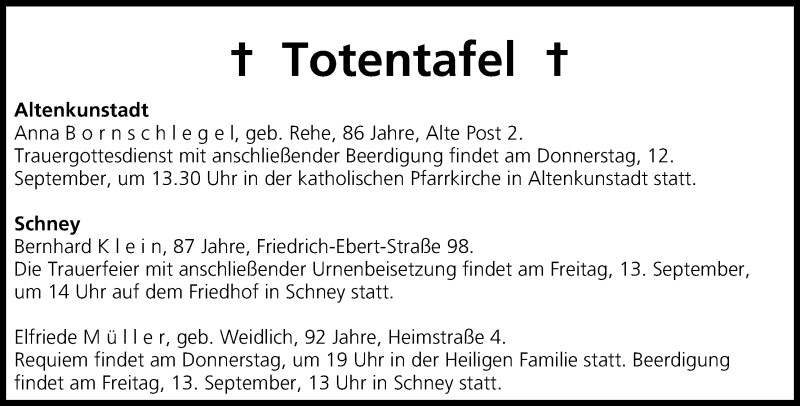  Traueranzeige für Totentafel vom 12.09.2013 vom 12.09.2013 aus MGO