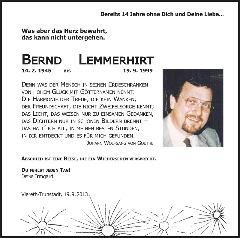  Traueranzeige für Bernd Lemmerhirt vom 19.09.2013 aus MGO