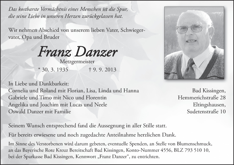  Traueranzeige für Franz Danzer vom 14.09.2013 aus MGO