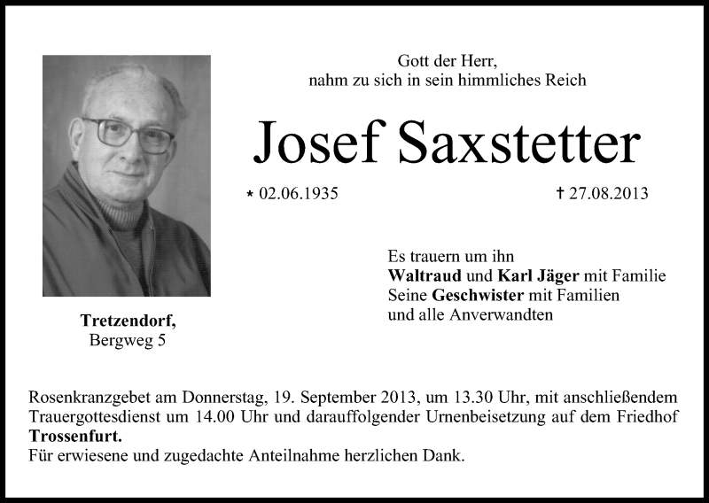  Traueranzeige für Josef Saxstetter vom 17.09.2013 aus MGO