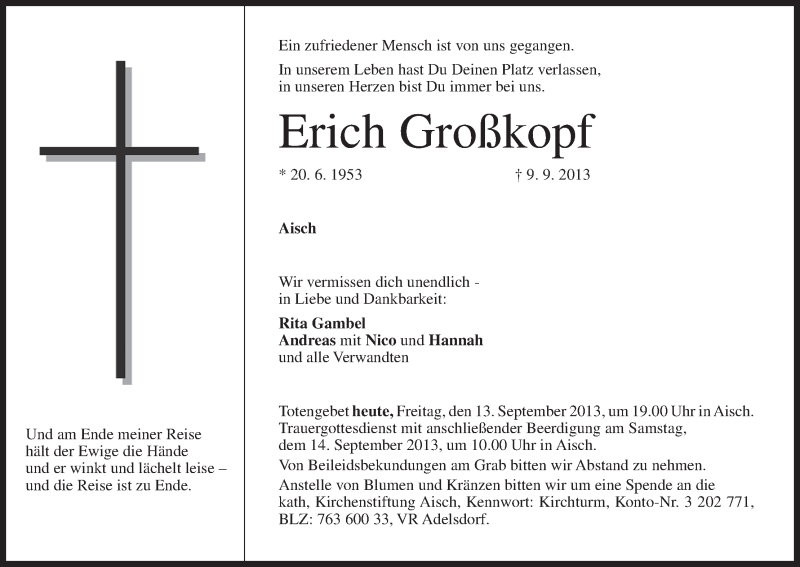  Traueranzeige für Erich Großkopf vom 13.09.2013 aus MGO