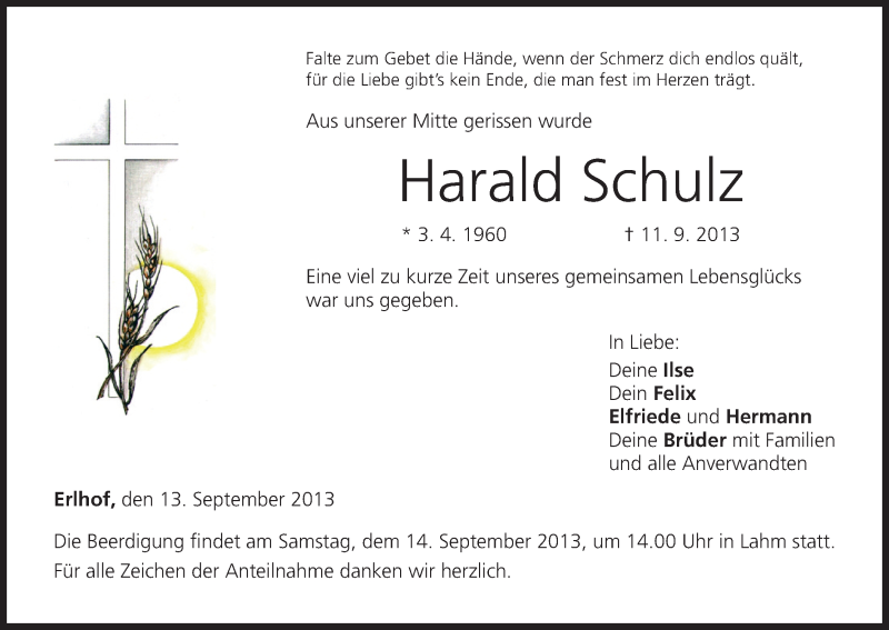  Traueranzeige für Harald Schulz vom 13.09.2013 aus MGO
