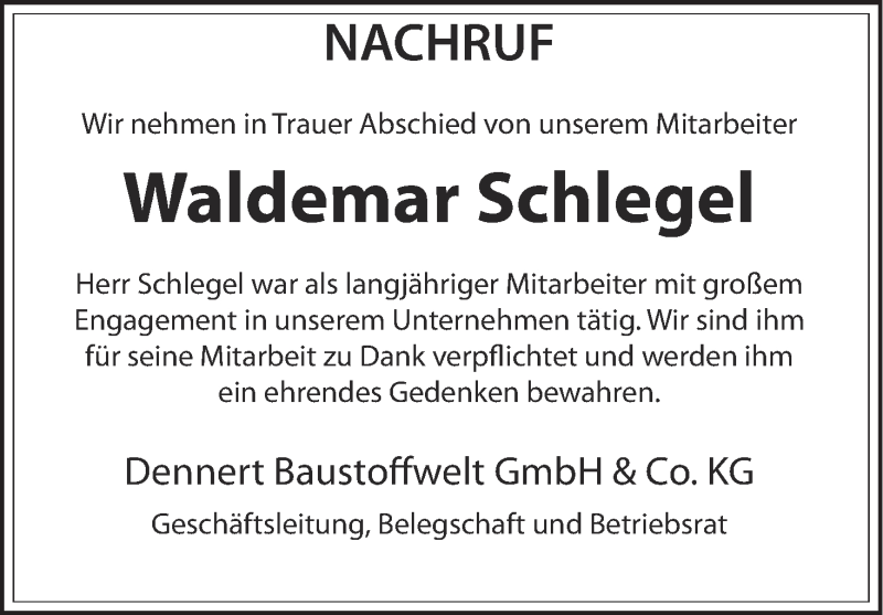  Traueranzeige für Waldemar Schlegel vom 16.09.2013 aus MGO