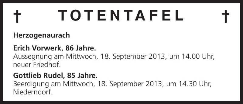  Traueranzeige für Totentafel vom 17.09.2013 vom 17.09.2013 aus MGO