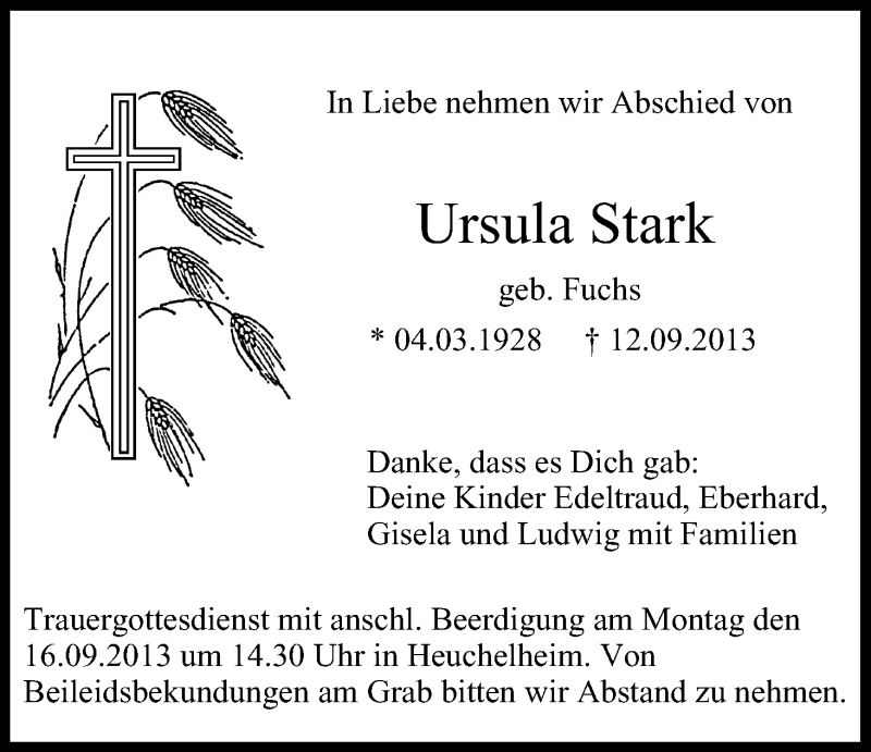  Traueranzeige für Ursula Stark vom 14.09.2013 aus MGO