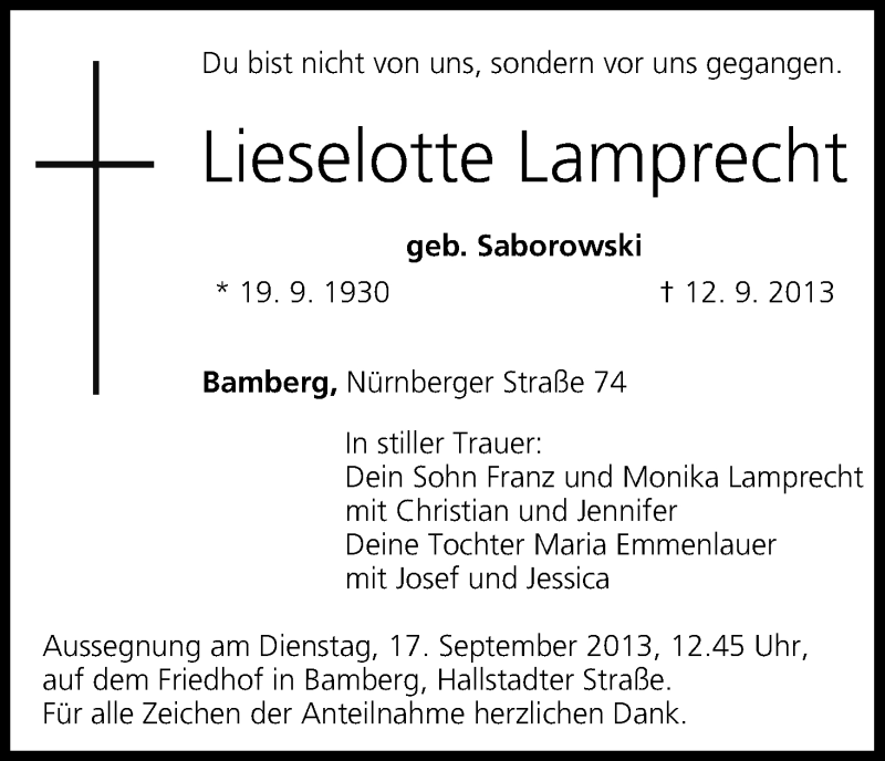  Traueranzeige für Lieselotte Lamprecht vom 14.09.2013 aus MGO