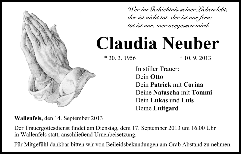 Traueranzeige für Claudia Neuber vom 14.09.2013 aus MGO