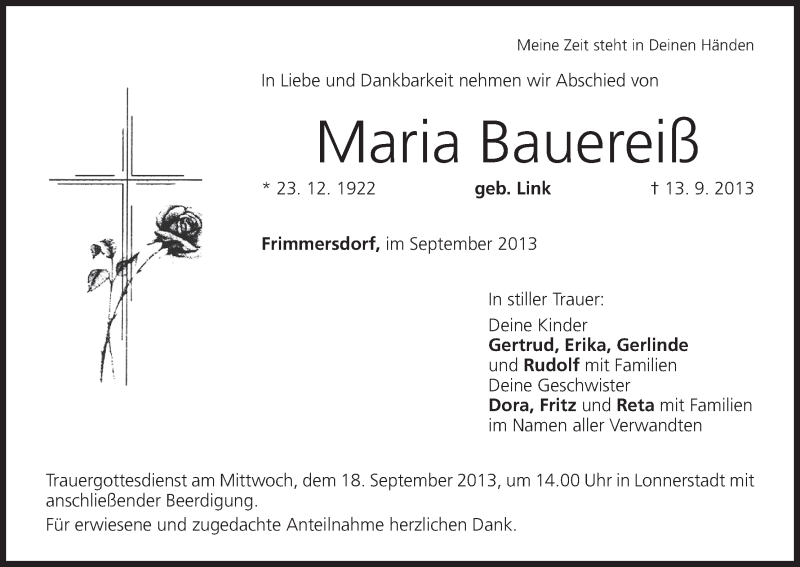  Traueranzeige für Maria Bauereiß vom 16.09.2013 aus MGO