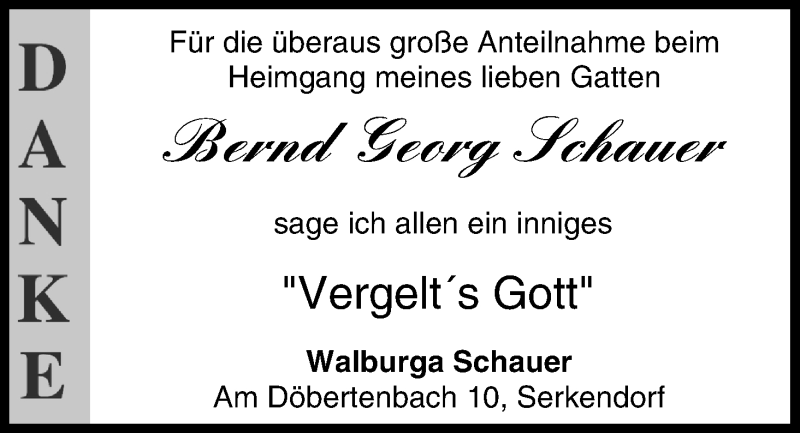  Traueranzeige für Bernd Georg Schauer vom 17.09.2013 aus MGO