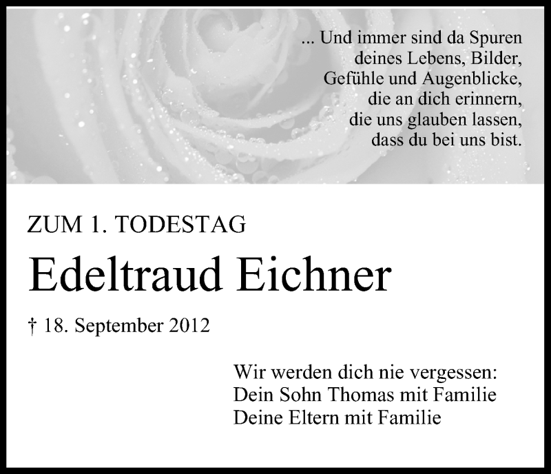  Traueranzeige für Edeltraud Eichner vom 18.09.2013 aus MGO