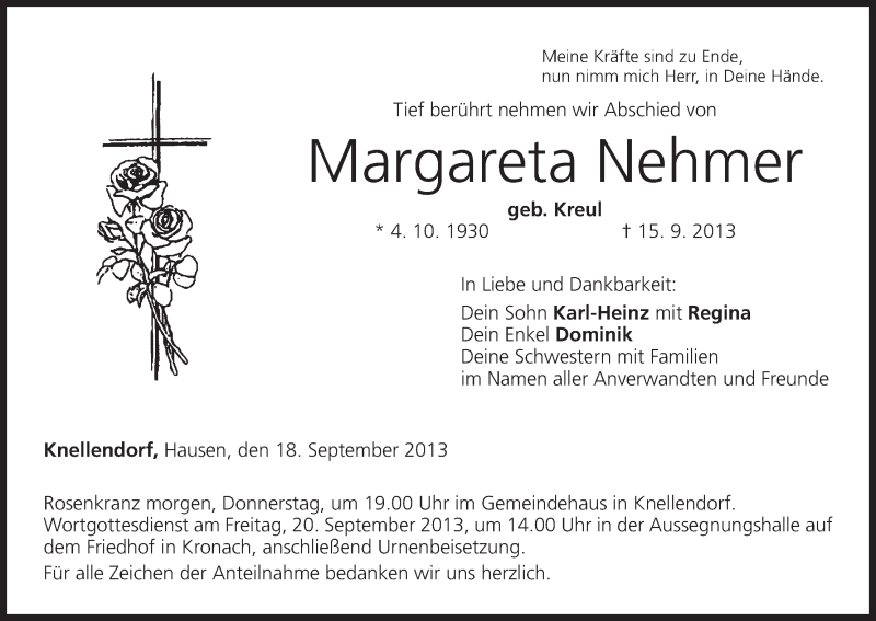  Traueranzeige für Margareta Nehmer vom 18.09.2013 aus MGO