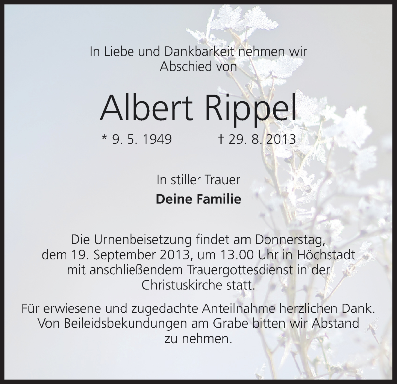  Traueranzeige für Albert Rippel vom 18.09.2013 aus MGO