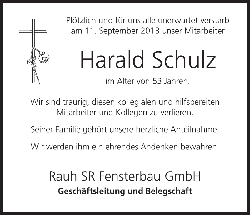  Traueranzeige für Harald Schulz vom 18.09.2013 aus MGO