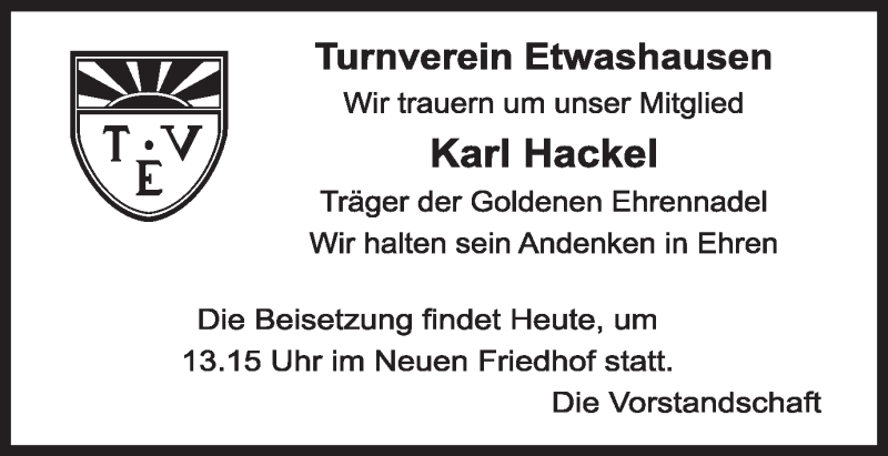 Traueranzeige für Karl Hackel vom 19.09.2013 aus MGO
