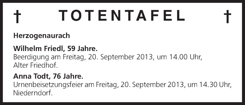  Traueranzeige für Totentafel vom 19.09.2013 vom 19.09.2013 aus MGO