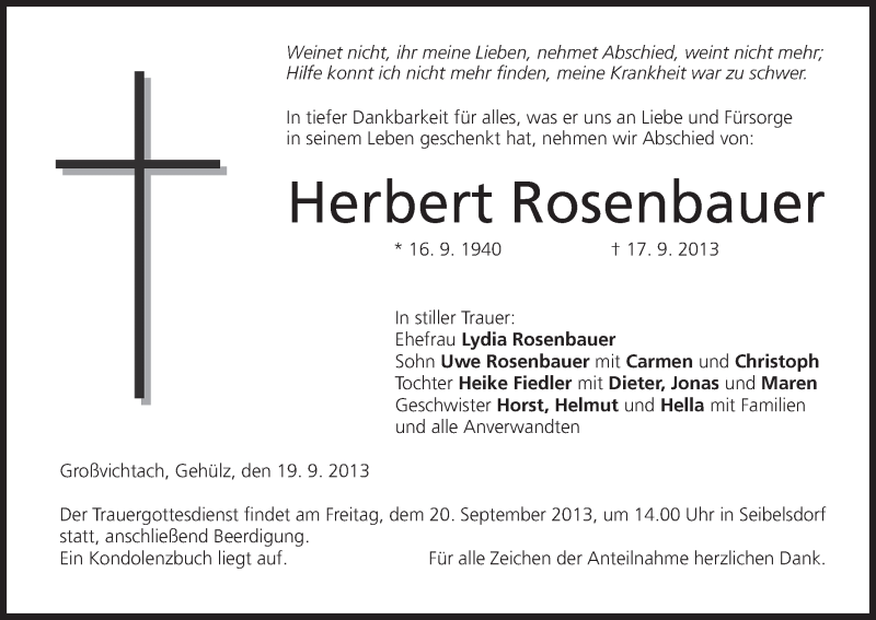  Traueranzeige für Herbert Rosenbauer vom 19.09.2013 aus MGO