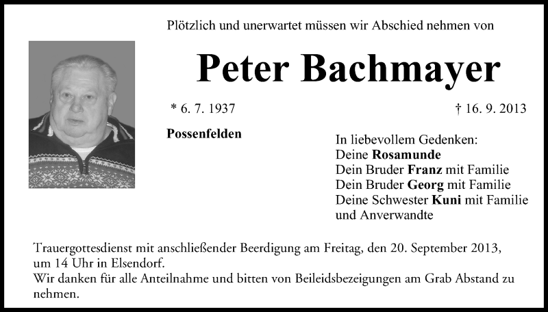  Traueranzeige für Peter Bachmayer vom 18.09.2013 aus MGO