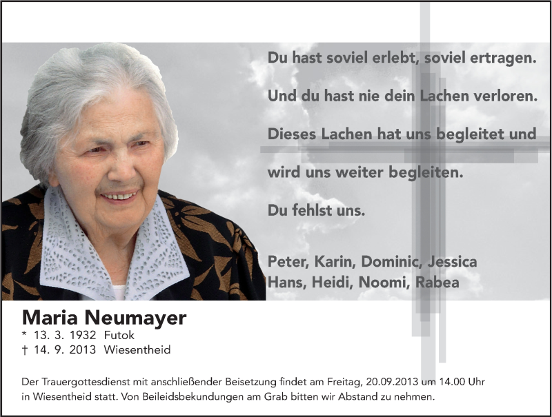  Traueranzeige für Maria Neumayer vom 19.09.2013 aus MGO