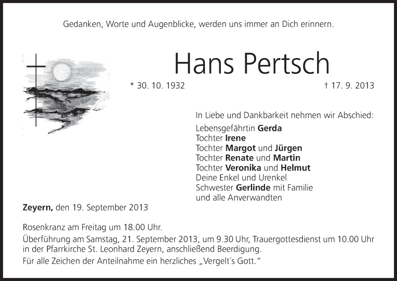  Traueranzeige für Hans Pertsch vom 19.09.2013 aus MGO