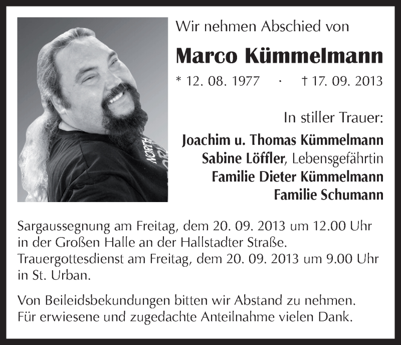  Traueranzeige für Marco Kümmelmann vom 19.09.2013 aus MGO