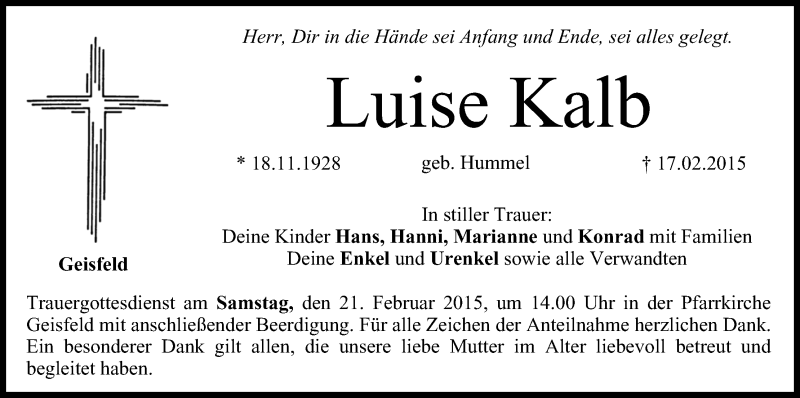 Traueranzeige für Luise Kalb vom 19.02.2015 aus MGO
