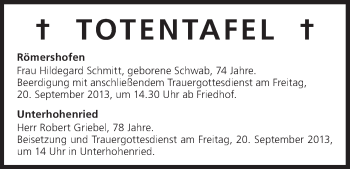 Anzeige von Totentafel vom 20.09.2013 von MGO
