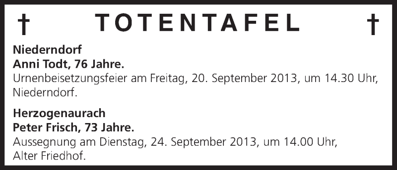  Traueranzeige für Totentafel vom 20.09.2013 vom 20.09.2013 aus MGO
