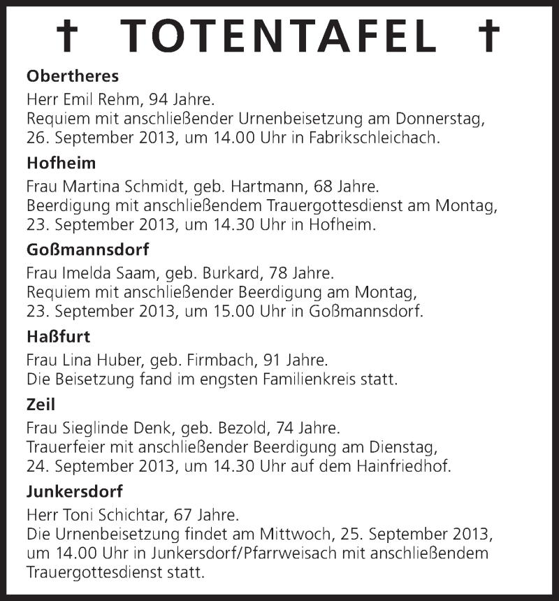  Traueranzeige für Totentafel vom 23.09.2013 vom 23.09.2013 aus MGO