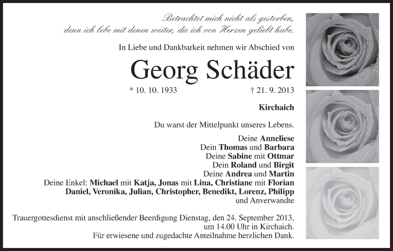  Traueranzeige für Georg Schäder vom 23.09.2013 aus MGO