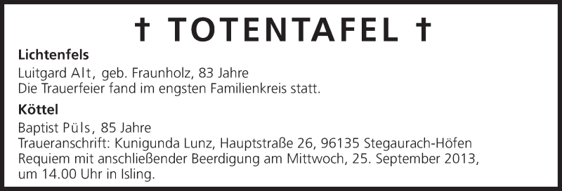 Traueranzeige für Totentafel vom 23.09.2013 vom 23.09.2013 aus MGO