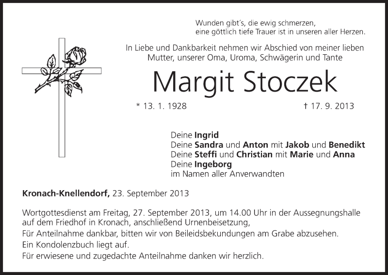 Traueranzeige für Margit Stoczek vom 23.09.2013 aus MGO