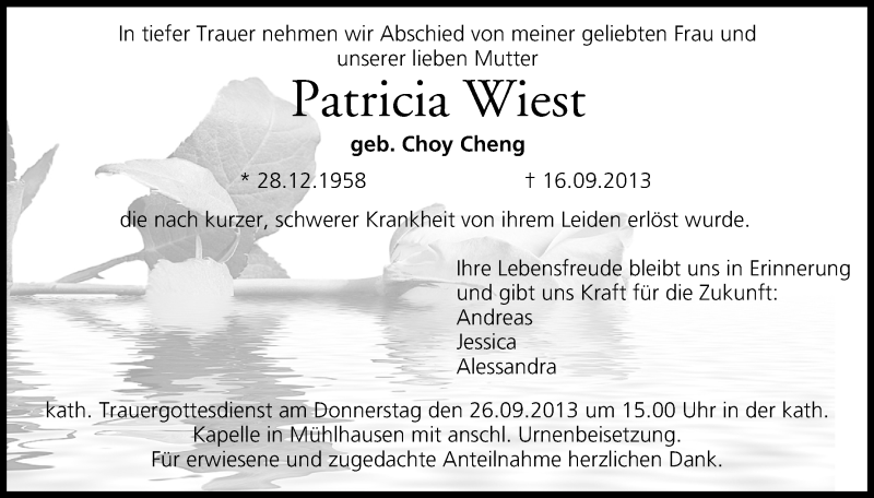  Traueranzeige für Patricia Wiest vom 21.09.2013 aus MGO