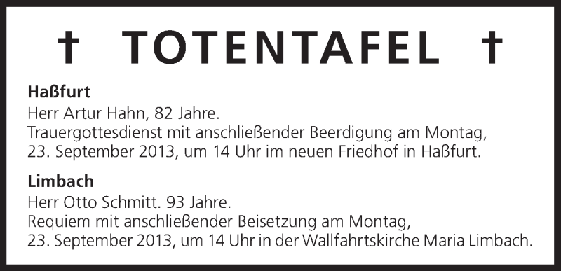  Traueranzeige für Totentafel vom 21.09.2013 vom 21.09.2013 aus MGO