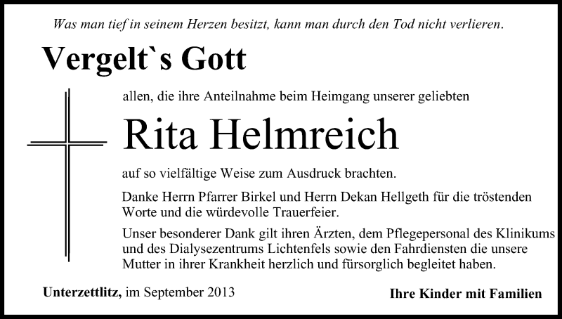  Traueranzeige für Rita Helmreich vom 21.09.2013 aus MGO