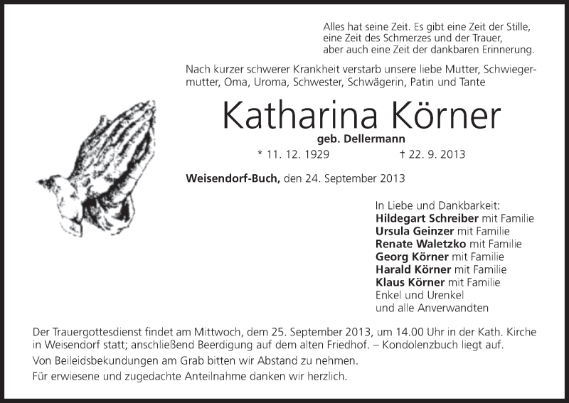  Traueranzeige für Katharina Körner vom 24.09.2013 aus MGO