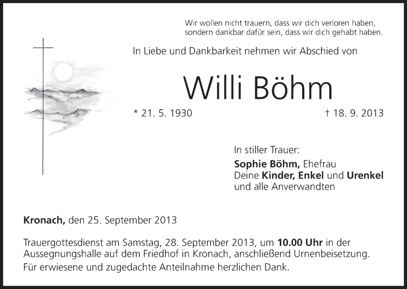 Traueranzeige für Willi Böhm vom 25.09.2013 aus MGO