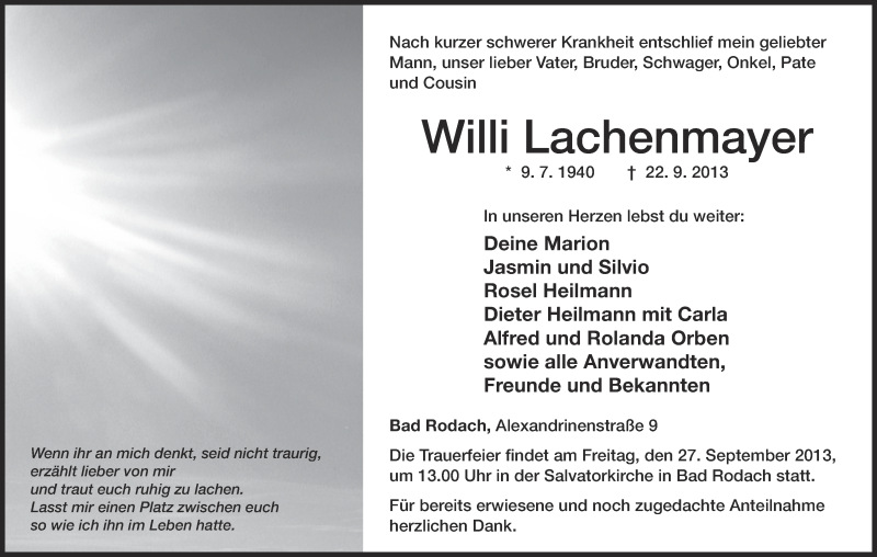  Traueranzeige für Willi Lachenmayer vom 24.09.2013 aus MGO