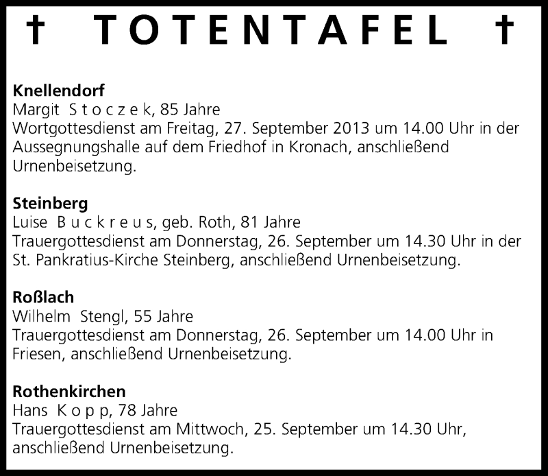  Traueranzeige für Totentafel vom 24.09.2013 vom 24.09.2013 aus MGO