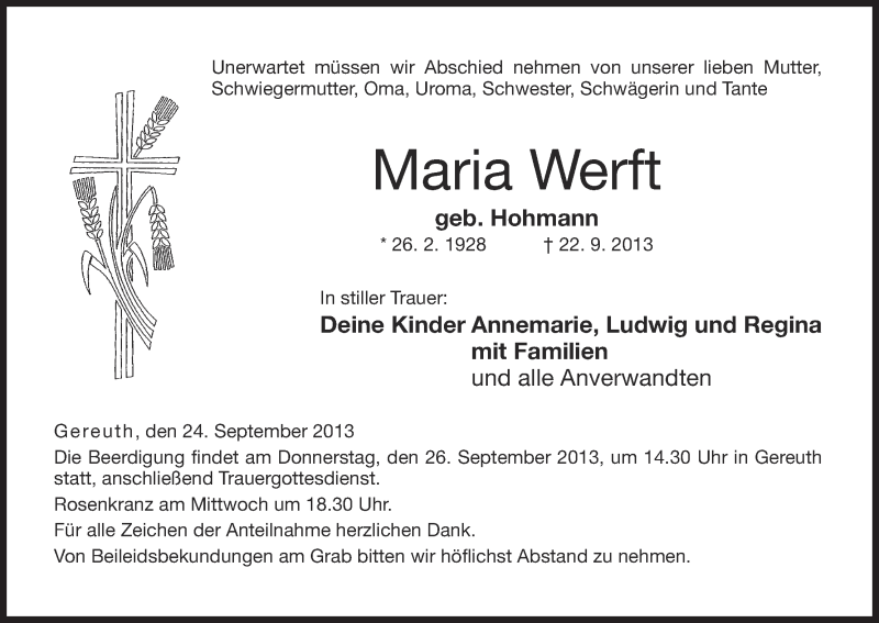  Traueranzeige für Maria Werft vom 24.09.2013 aus MGO
